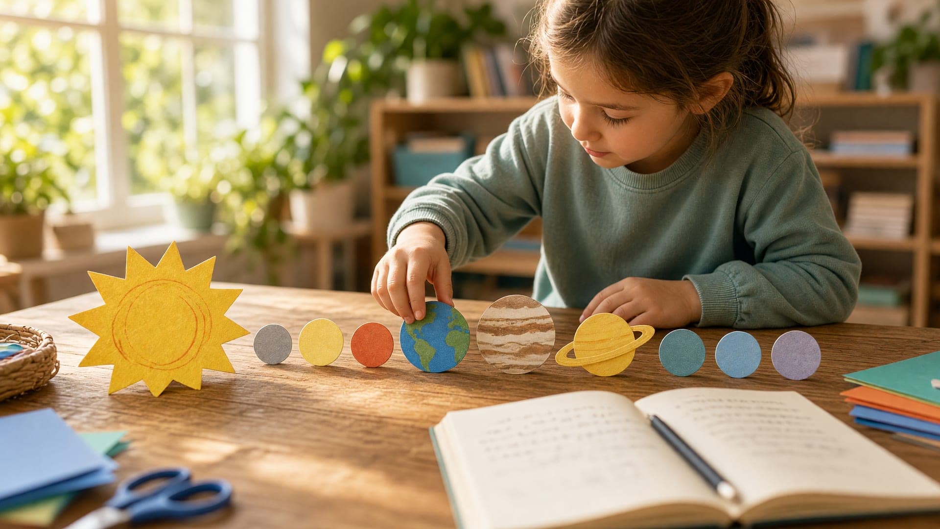 A child arranging paper planet cutouts in order on a classroom table beside a notebook