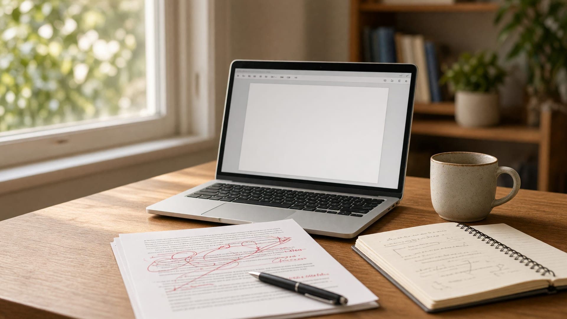 Student desk with a laptop, a marked-up printed essay draft and a handwritten outline